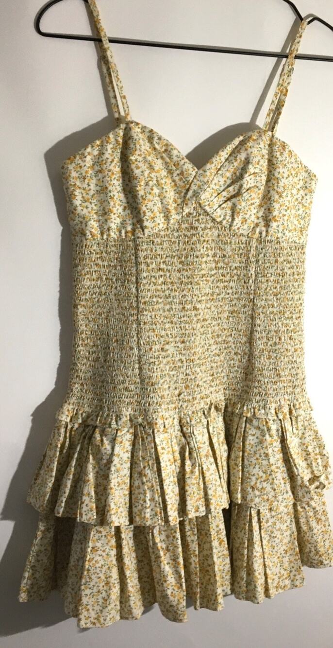 Petersyn Women's Size Small Yellow Saffron Floral Smocked Tiered Mini Dress